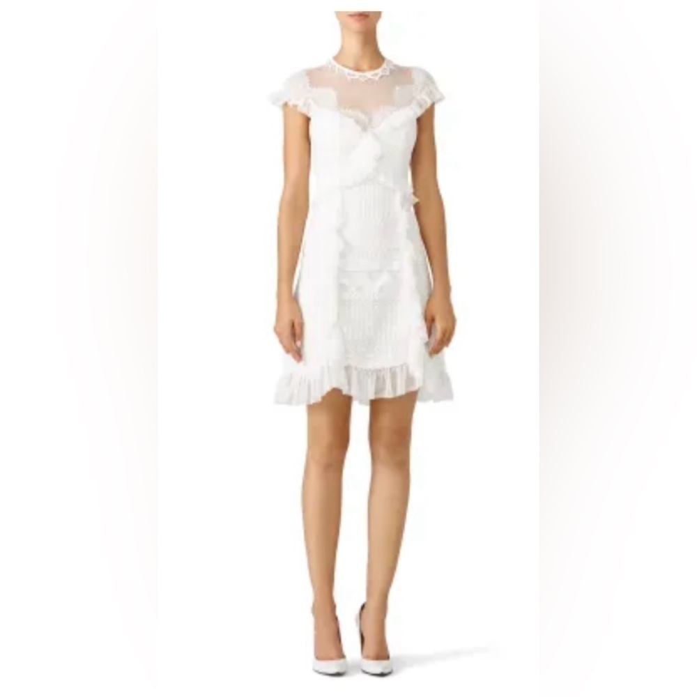 Three Floor off white lacy sheath dress with ruffles and capsleeves in women’s 4